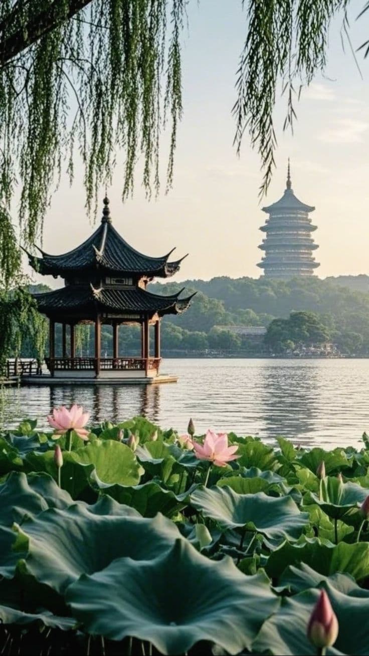 West Lake in Hangzhou at sunrise with mist floating over the glassy water