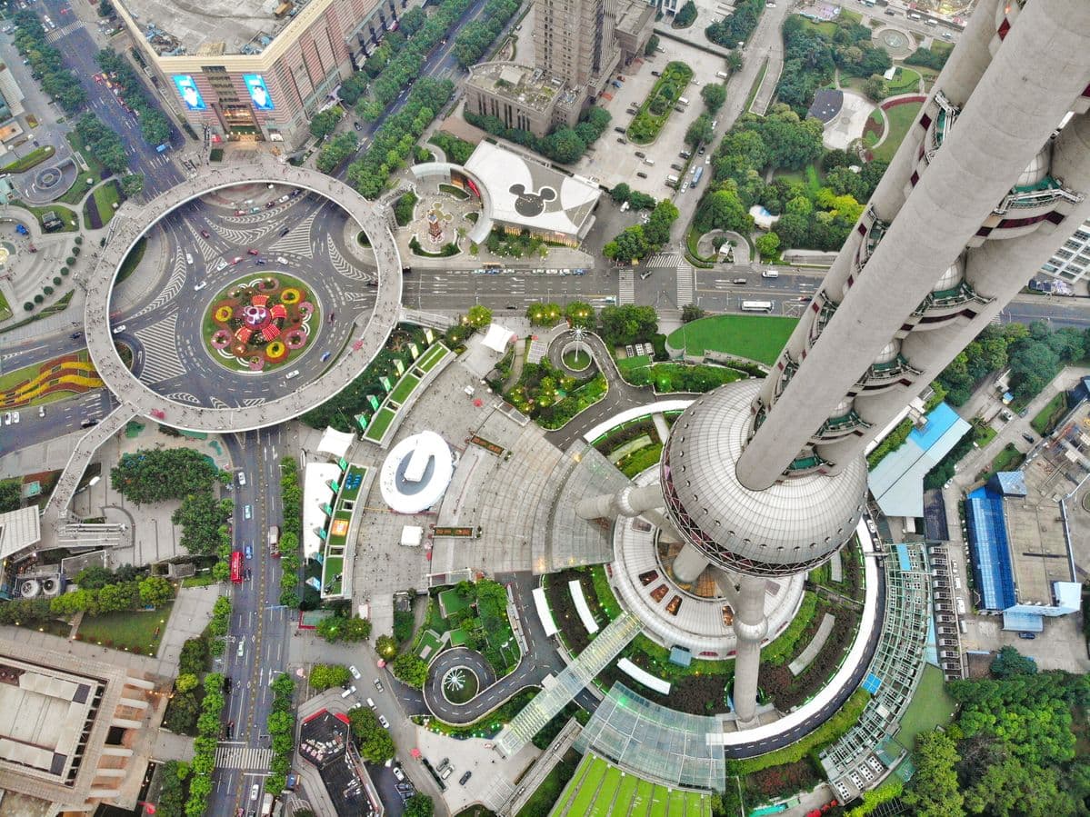 Shanghai Oriental Pearl Tower illuminated at night